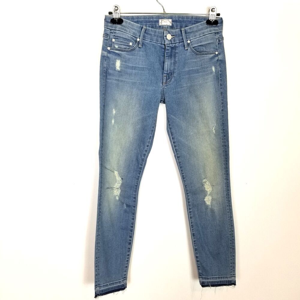 MOTHER Women Denim Looker Undone Hem Crop Skinny Jeans Sz 26 Blue Distressed